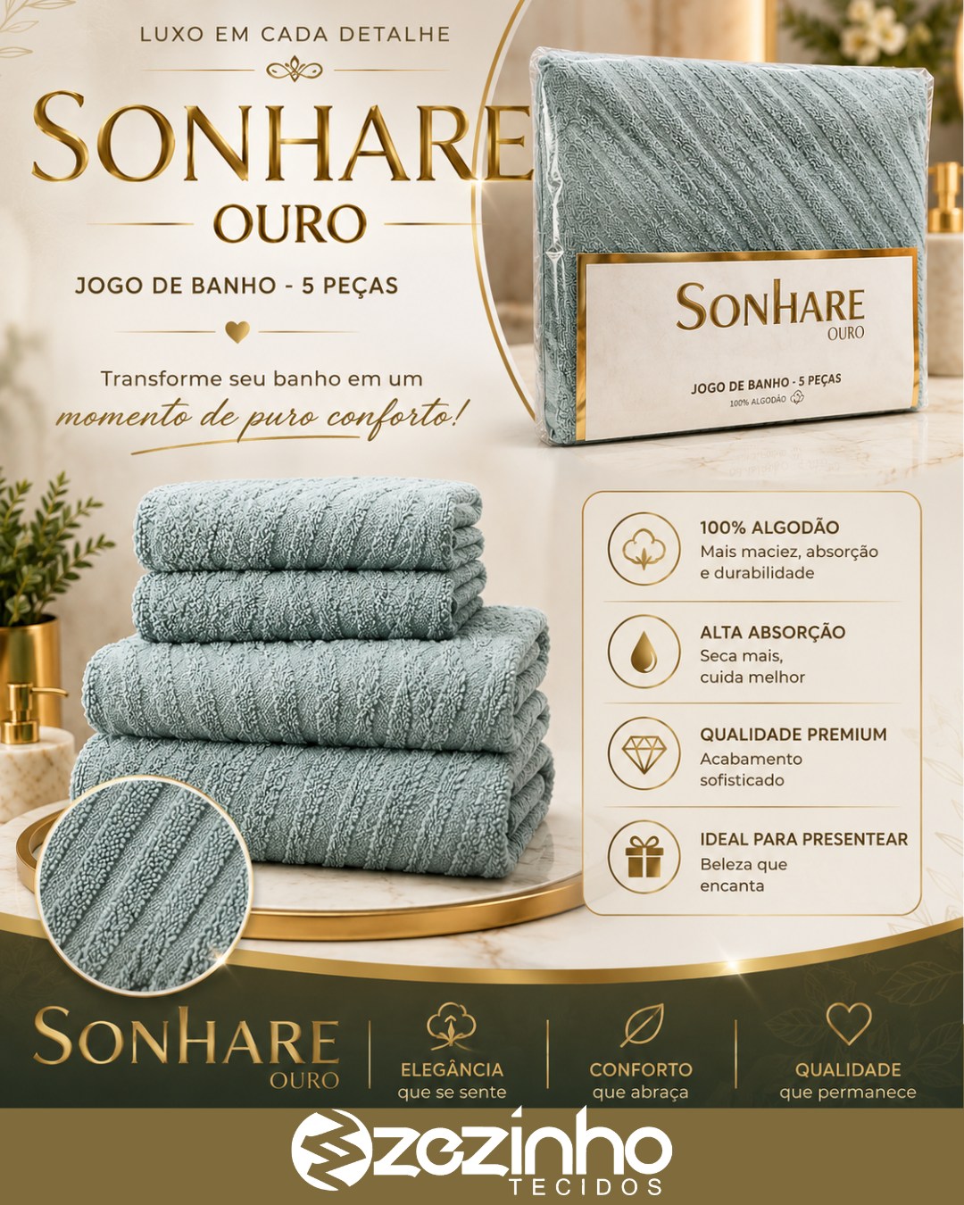 ✨ Transforme seu banho em um momento de puro conforto! 🛁💚 Conheça o Jogo de Banho Sonhare Ouro – 5 Peças, produzido em 100% algodão, unindo maciez, alta absorçã