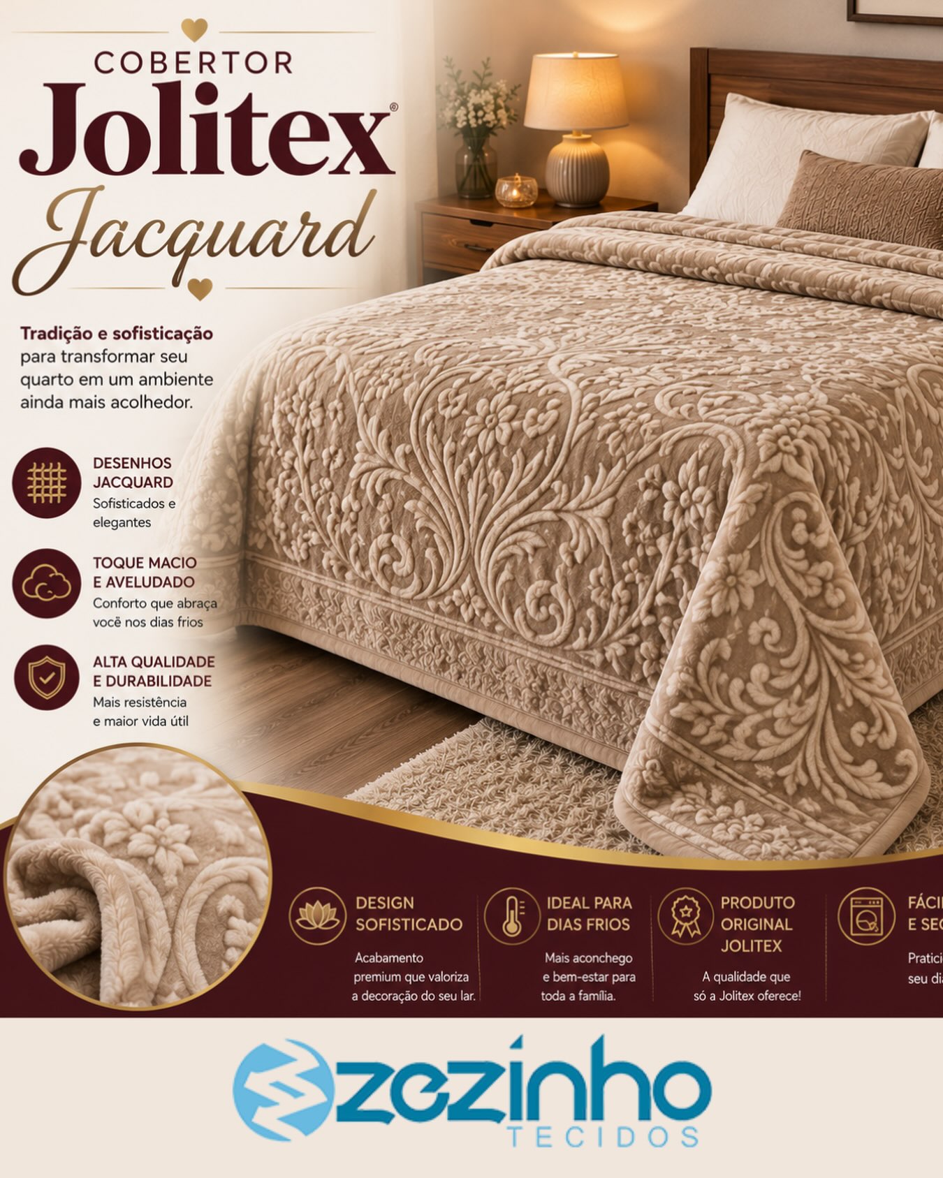 ✨ COBERTOR JACQUARD JOLITEX ✨ Elegância, conforto e sofisticação para transformar seu ambiente! O Cobertor Jacquard Jolitex une beleza e aconchego em um acabame